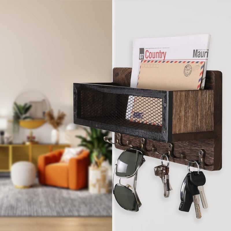 ADIIL Mail and Key Holder for Wall Decorative, Wooden Wall Mount Key Rack Hanger Organizer with 4 Double Key Hooks, Rustic Home Decor for Entryway Hallway, Brown - Image 2